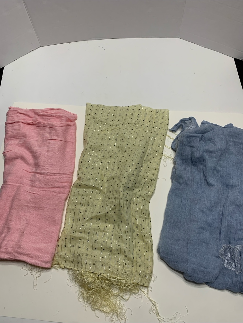 Three Lightweight Scarves — Pink, Pale Green, Dusty Blue